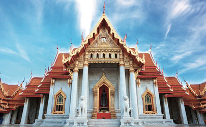 The exterior of a palace on a bright and sunny day in Bangkok, Thailand