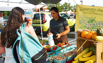 A person purchasing produce from a vendor at a farmers market